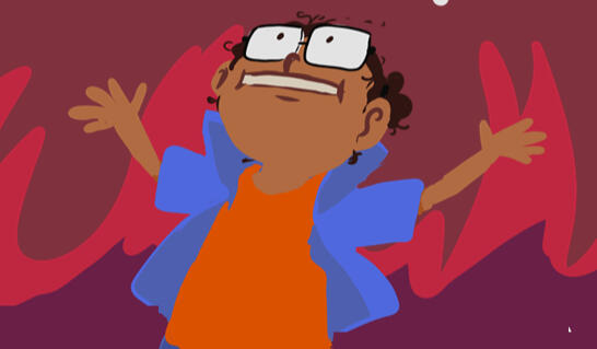Cartoon drawing of a light-skinned woman with curly hair and glasses. They stand, arms spread, in front of a colorful fire in the style of that one fiery Elmo meme.